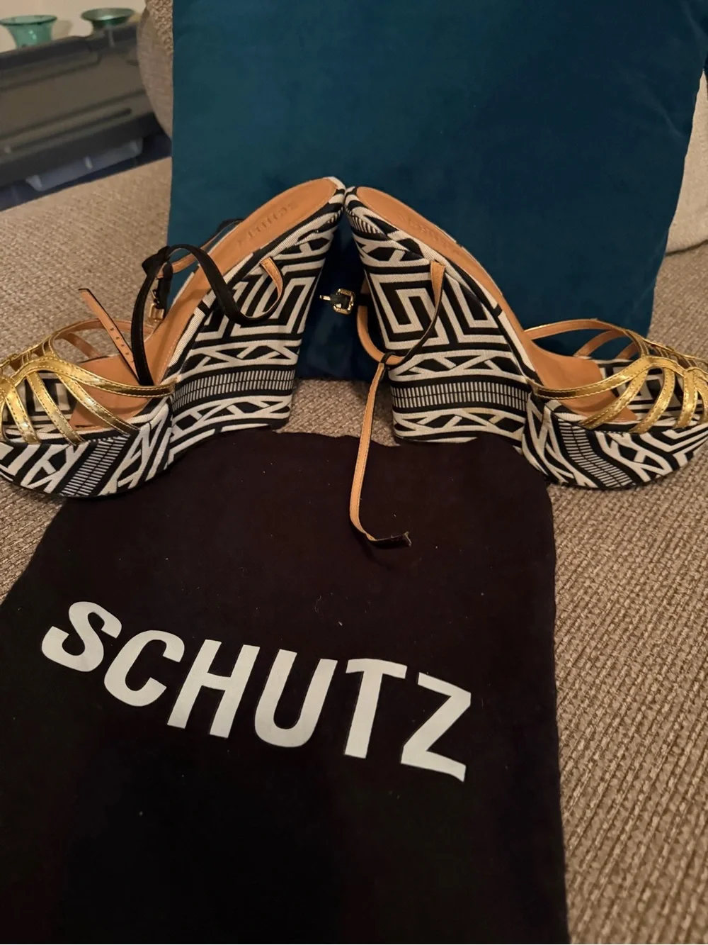 SCHUTZ Gold Strappy Platform Sandals with Black-and-White Geometric Platform